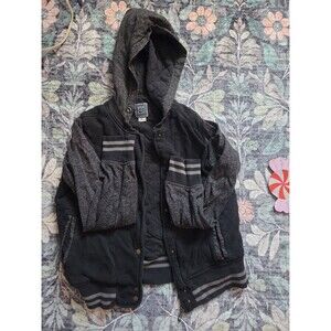 Empire Hooded Varsity Jacket Black Gray Boys Size L Quilted Striped Logo Snap